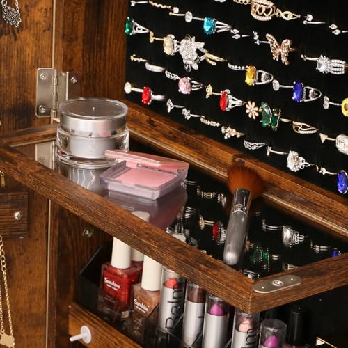 Rustic Brown 4-in-1 Rotating Jewelry Cabinet with Mirror & LED Lights