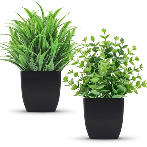 2 Pack Small Artificial Plants with Black Pots for Modern Home Decor