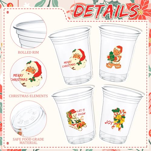 Mimorou 100 Pcs Christmas Plastic Cups 12oz Retro Xmas Party Disposable