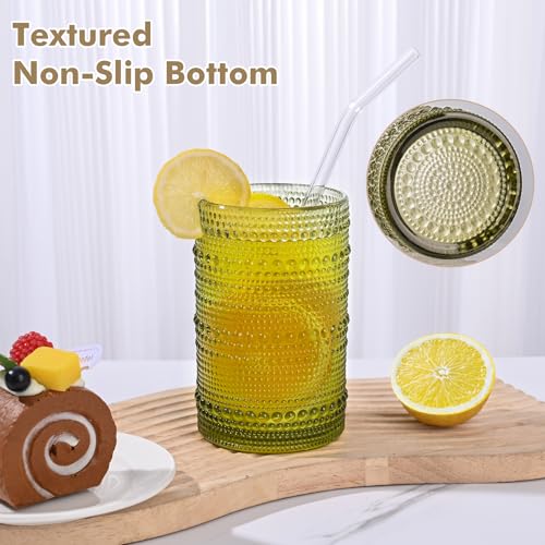 Vintage Hobnail Drinking Glasses Set, Embossed Green Glass Tumblers (8-Piece)