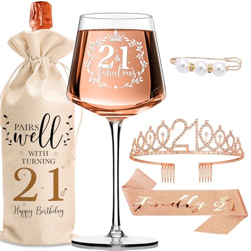 21st Birthday Gift Set for Women with Wine Glass, Tiara, Sash and Wine Bag