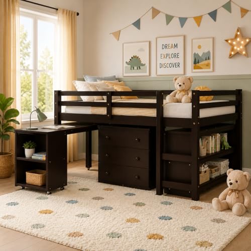 Full Size Wood Loft Bed with Rolling Desk, Bookshelf, and Storage Drawers