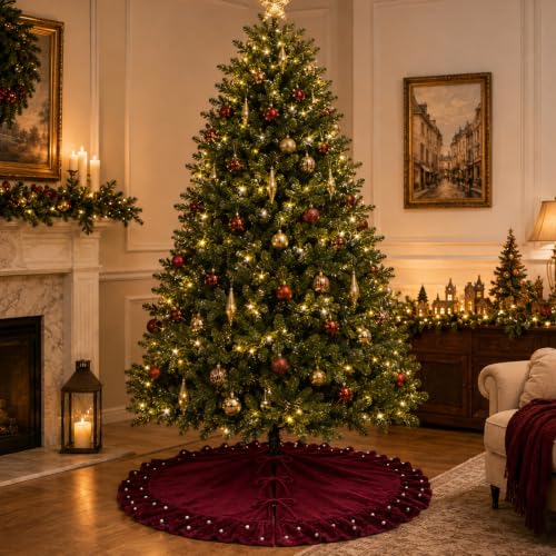 AtiMing 150 cm Red Velvet Christmas Tree Skirt with Ruffled Edge and Pearls (Red with Small Pearls) 60-inch