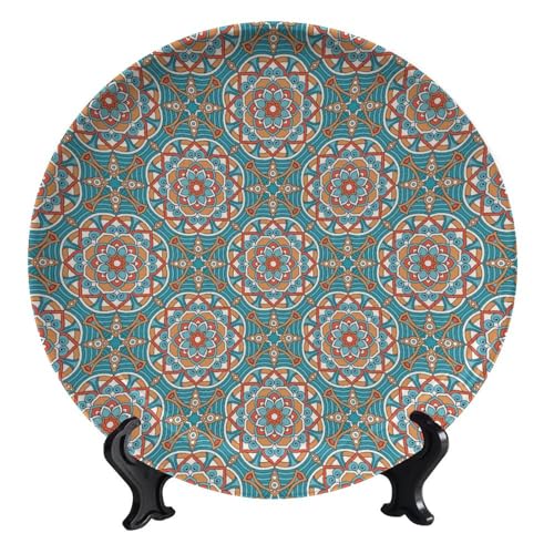 Cyan Blue Ceramic Decorative Plate with Display Stand, 6-Inch Round Ornament