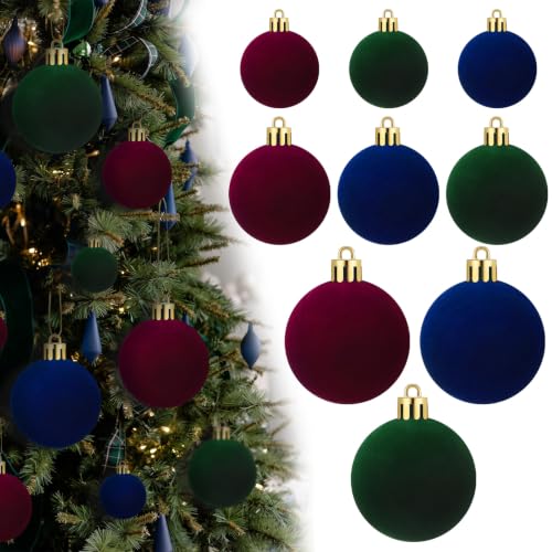 Foilswirl Velvet Christmas Ornaments Set 36 Pcs in Red Green Blue 3.9/3.1/2.8 inch