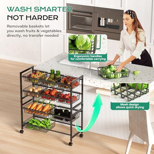 4-Tier Rolling Snack Cart with 10 Removable Baskets, Metal Pantry Organizer