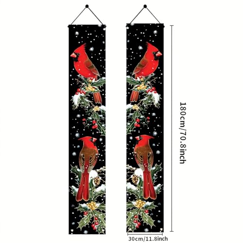 Christmas Cardinal Porch Banner Set 71x12 Inch Winter Holiday Door Decor with Holly & Snow Scene - Saoplasa