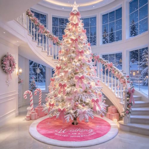 Yuboo Large Pink Christmas Tree Skirt 36 Inch Faux Fur Snowflake Decor