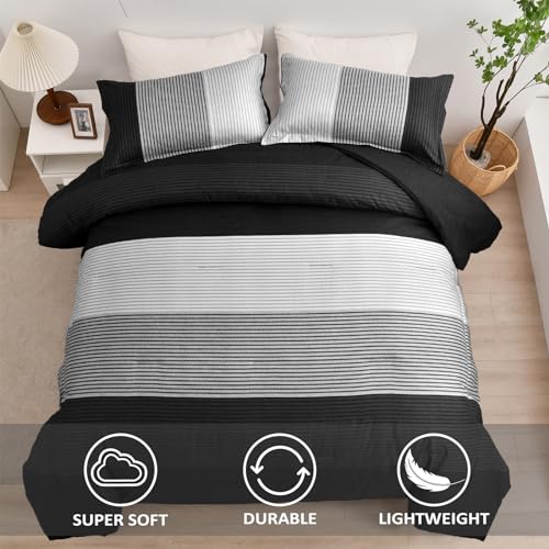 Black Comforter Set Full Size - Reversible Stripe Design, 3 Pieces