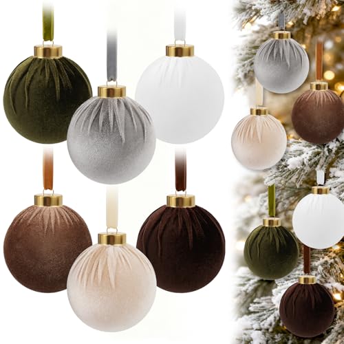Shaxcoq 12-Pack Velvet Christmas Ornaments – 6 Color Neutral Velvet Ball Set with Ribbons