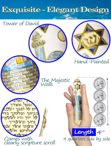 4-Inch Enamel Mezuzah Case with Scroll, Jerusalem Motif, 2-Way Install