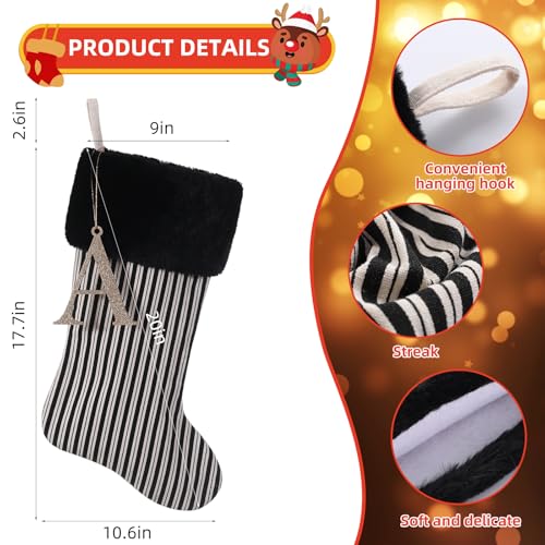 JKSVE 20 Inch Black Vertical Stripe Christmas Stocking with Gold Wooden Initial Monogram (Black Stripe)
