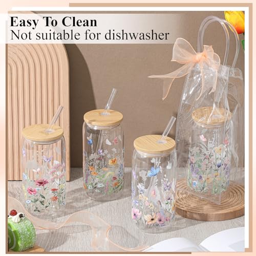 Mumufy 6-Piece Wildflower Glass Cups Set with Lids & Straws - 16 oz