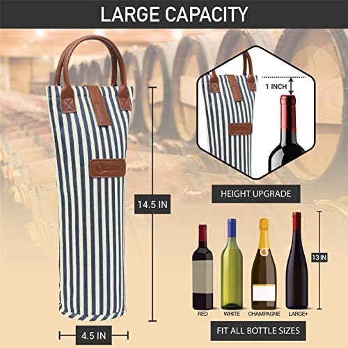 Insulated Single Bottle Wine Bag - Padded Thermal Cooler Tote, Navy Stripe