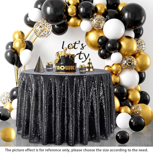QueenDream Black Sequin Round Tablecloth 108 inch - Glitter Festive Table Cover