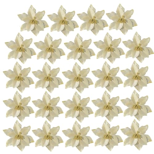 Bodosac 24Pcs Glitter Poinsettia Christmas Flowers with Clips 5in - Gold