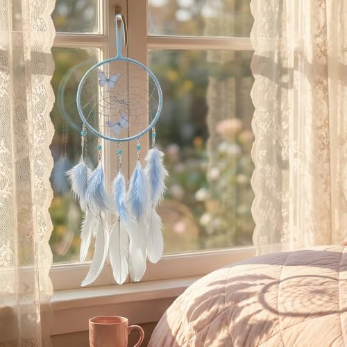 Handmade Blue Butterfly Dream Catcher with Feathers for Wall Decor