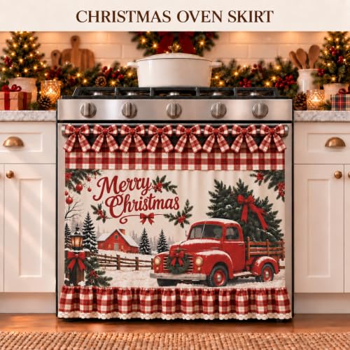 Xagahb Red Truck Christmas Oven Skirt Curtain with Tie Top Farmhouse Decor