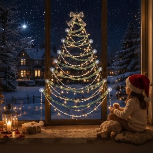 6 Pcs Christmas Wall Tree Kit with Pearl Garland & USB Fairy Lights