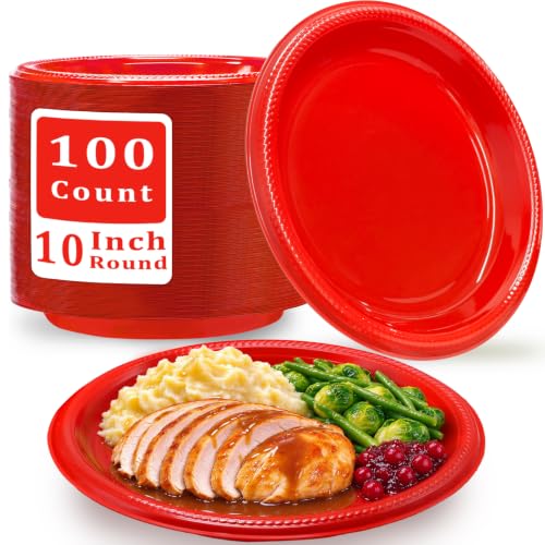 BONSINY 100 Pcs 10 Inch Red Plastic Plates – Christmas Disposable Party Dinnerware