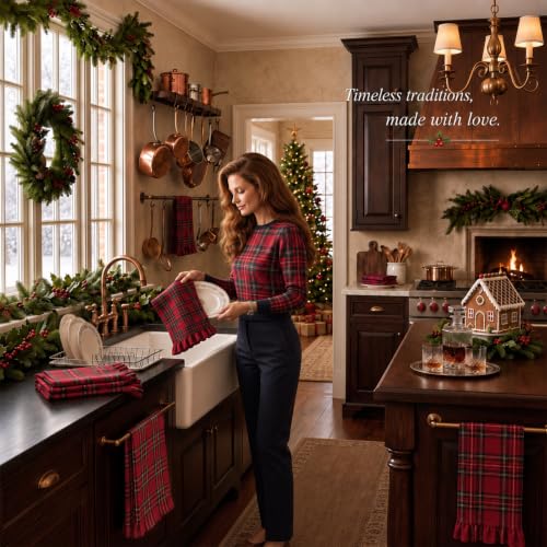 Red Plaid 4-Piece Christmas Kitchen Towels with Ruffles - 18x30 inches
