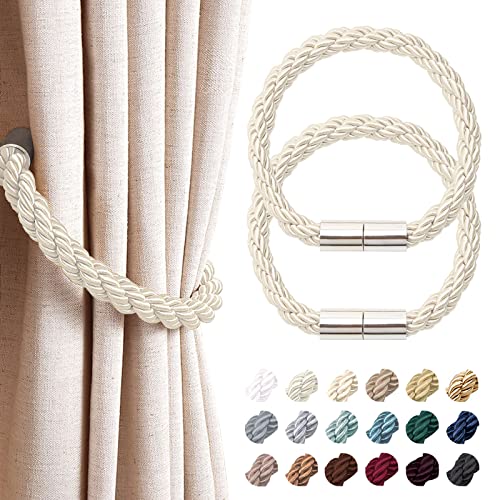 Magnetic Curtain Tiebacks - 2 Pack Decorative Woven Rope Holdbacks, Beige