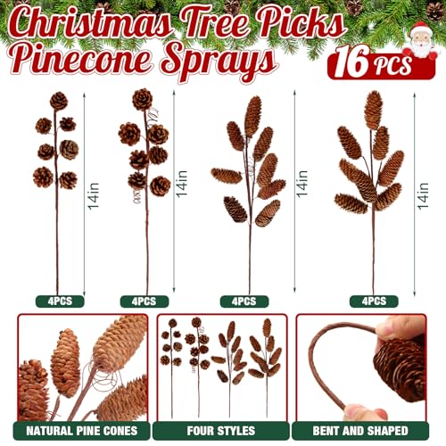 Brown 14-Inch Christmas Tree Pinecone Picks Bulk Set of 16