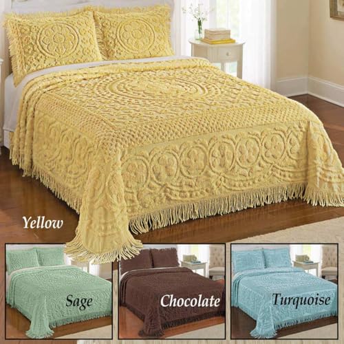 Chenille Lightweight Bedspread with Fringe Border, Queen Size - Chocolate