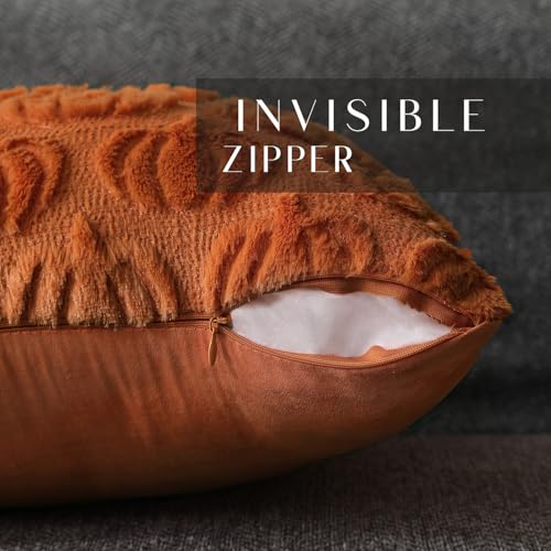 Fall Pillow Covers 18x18 Set of 2 - Soft Plush Rust Pumpkin Cushion Cases