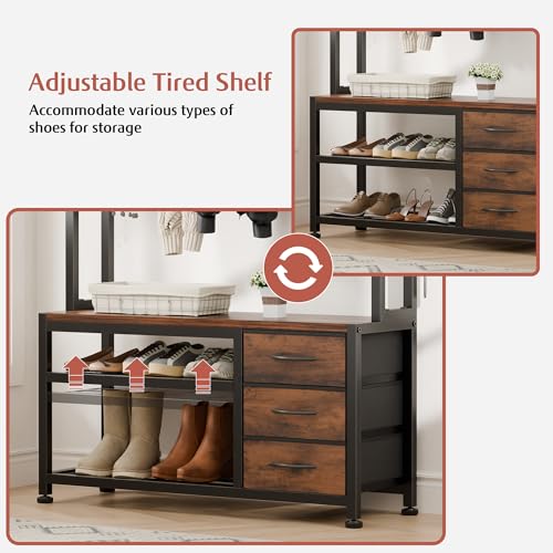 6-in-1 Entryway Hall Tree with Bench, 3 Drawers, and 12 Coat Hooks
