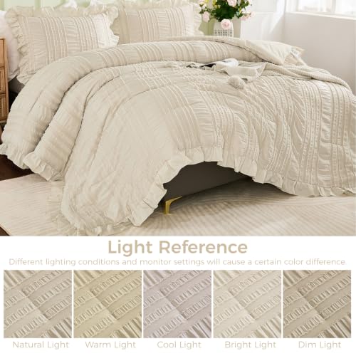 Boho Beige Seersucker Queen Comforter Set with Ruffles