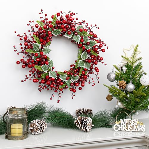 JINGHONG 20-Inch Artificial Christmas Wreath with Red Berries & Holly for Indoor Outdoor Holiday Decor