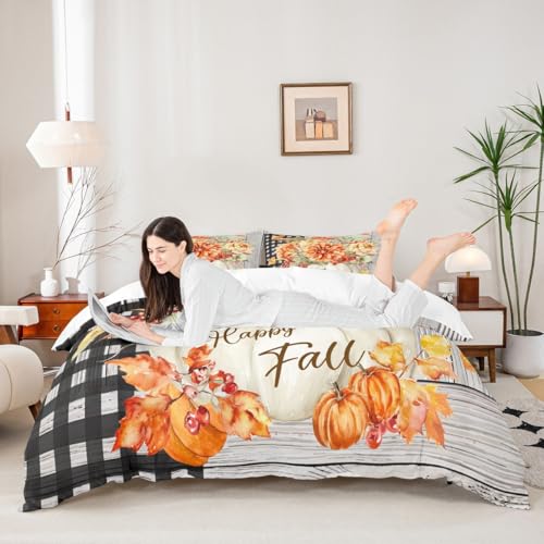 Fall Pumpkin Harvest Duvet Cover Set, Rustic Farmhouse Queen Bedding