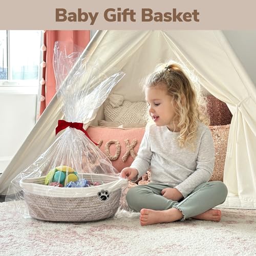 Woven Rope Dog Toy Storage Basket with Handles & Paw Print - 12" x 8" x 5"