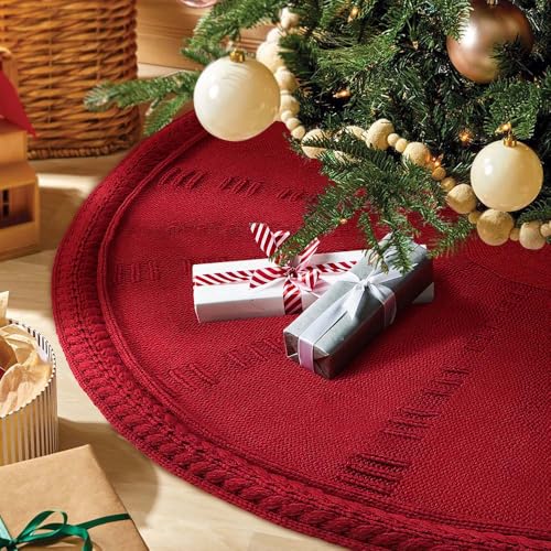 BinSuns Red Christmas Tree Skirt 48 Inch Rustic Knitted Holiday Decor