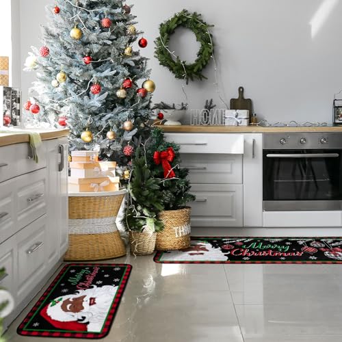 2-Piece Black Santa Christmas Kitchen Rug Set, Non-Slip Washable Mats