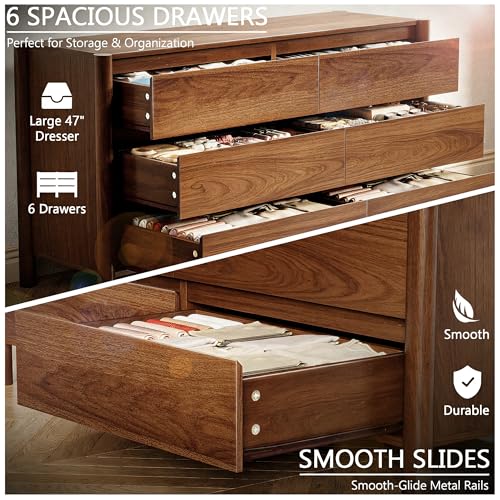 6-Drawer Mid-Century Modern Walnut Dresser, 47-Inch Wide Bedroom Chest