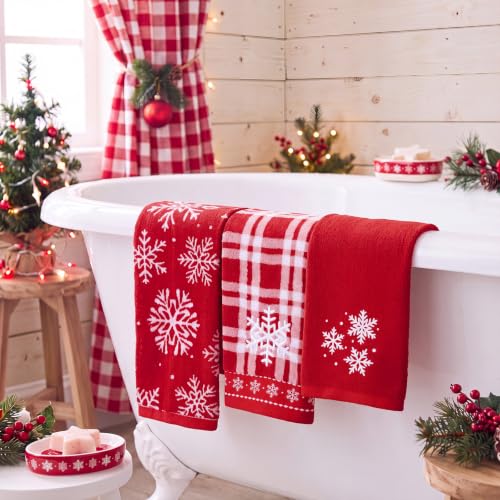 SmoothNovelty 3 Pcs Christmas Hand Towels - Red Snowflake Embroidered Set, 13.78 x 29.53 in