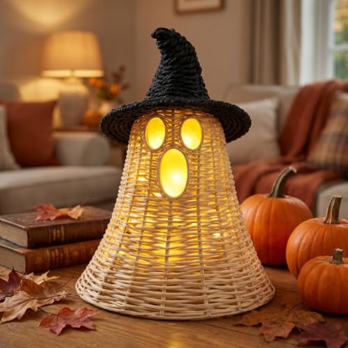 Handwoven Natural Rattan Ghost Table Decor with Black Witch Hat