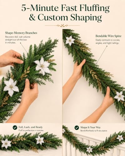 9FT Norfolk Pine Garland - Real Touch Greenery with White Flowers & Gold Leaves