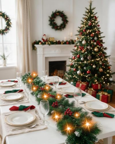 Luxvano 9ft Pre-Lit Flocked Christmas Garland with 30 LED Lights, Red Berries, Battery Operated