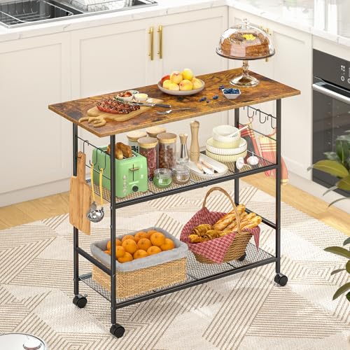 Rolling Kitchen Island with 3 Shelves, Microwave Stand and Coffee Bar