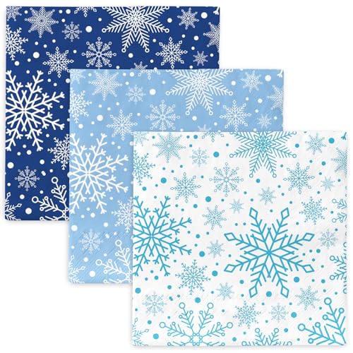 Whaline 150 Pcs Winter Snowflake Napkins — Christmas Blue & White Disposable Dinner & Cocktail Napkins