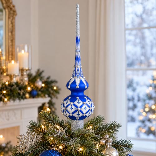 Silver Diamonds on Blue Glass Christmas Tree Topper 11 Inches – Hand-Painted