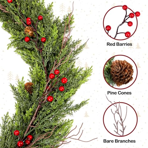 ENVEN 6FT Lush Cedar Christmas Garland with Red Berries & Pine Cones – Indoor/Outdoor Faux Greenery