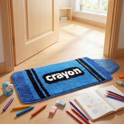 Blue Crayon Reading Corner Rug, Non-Slip Plush Floor Mat for Classrooms