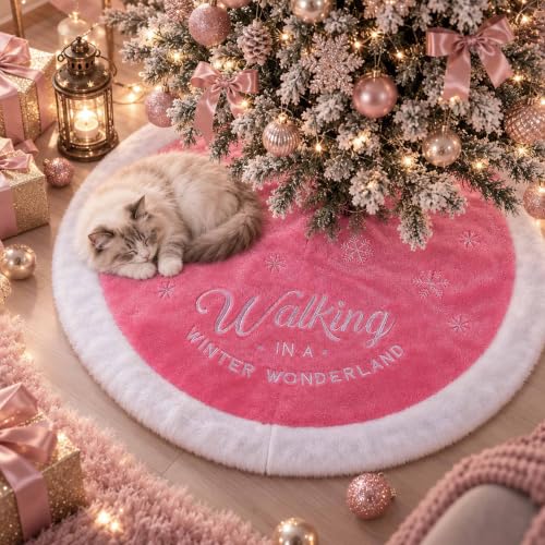 Yuboo Large Pink Christmas Tree Skirt 36 Inch Faux Fur Snowflake Decor