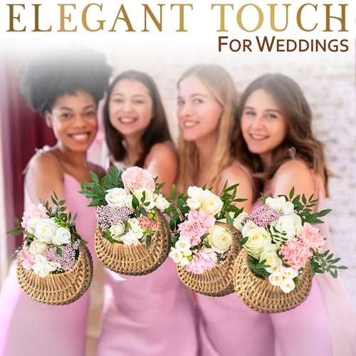 Set of 2 Rattan Flower Girl Baskets with Handles - 6.3-Inch Wicker Baskets