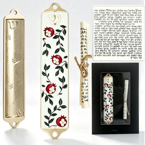 Enamel Mezuzah Case with Scroll, 3.9-inch Pomegranate Vine Design