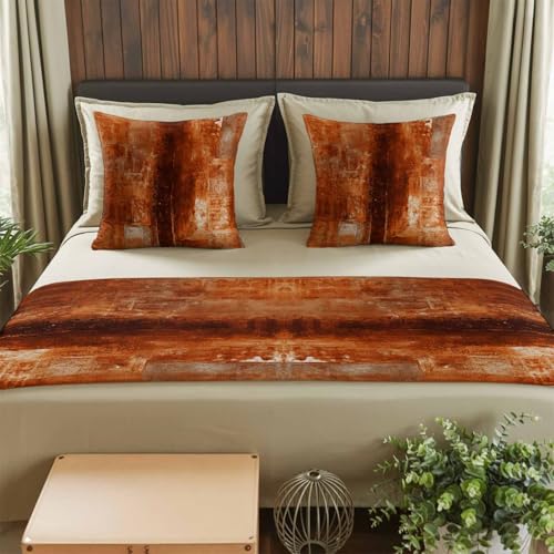 Burnt Orange Bed Runner and Pillow Covers Set - Abstract Art Queen Bed Scarf